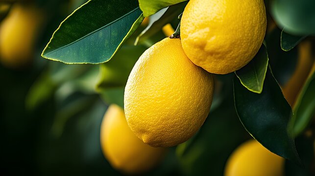 yellow citron tree with etrog fruit growing, captured from a close-up angle to highlight the vibrant color of the fruit and the texture of the tree's leaves, emphasizing the natural bounty and cultura