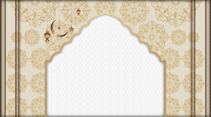 Floral texture Islamic banner background | Abstract vector background with multi pattern object, moon, star, lamp, shadow for Eid, Ramadan, Greeting, Flyer, Decoration with white, golden color 