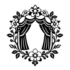 Floral stage with curtain and circular frame, intricate artistic illustration, black and white.
