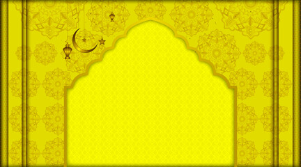 Floral texture Islamic banner background | Abstract vector background with multi pattern object, moon, star, lamp, shadow for Eid, Ramadan, Greeting, Flyer, Decoration with gold color 