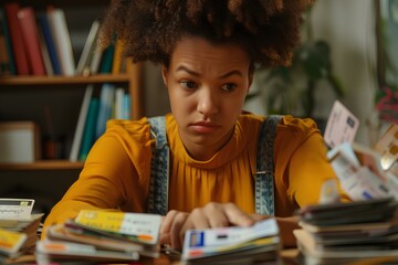 Young woman looking at stack of credit cards and bank debt letters, feeling overwhelmed and concerned, messy desk in background. 