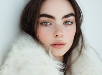 A gorgeous woman wearing a white fur coat and striking makeup, posing for a fashion photo shoot