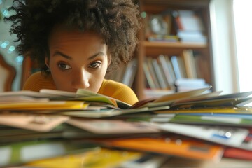 Young woman looking at stack of credit cards and bank debt letters, feeling overwhelmed and concerned, messy desk in background. 