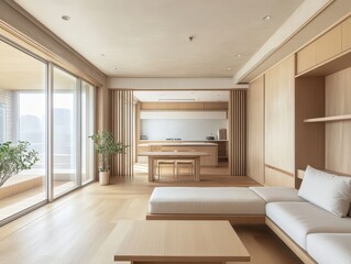 Fototapeta premium Modern minimalist apartment interior with wood tones and bright lighting