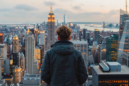 Male security guard observing the city skyline from behind