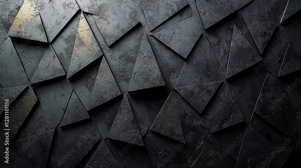 Poster a geometric structure made of interlocking triangular blocks on a high-tech, dark background