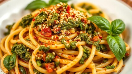 A chef adding basil pesto to a pan of freshly cooked pasta for an authentic Italian dish, food preparation, recipe