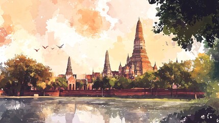 Wat Yai Chaimongkol Historical Temple Watercolor Painting