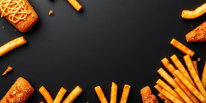 A border made of golden fried fries frames a black background for a bold poster or flyer design, poster, flyer