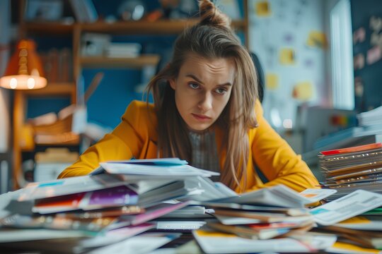 Young woman looking at stack of credit cards and bank debt letters, feeling overwhelmed and concerned, messy desk in background. 