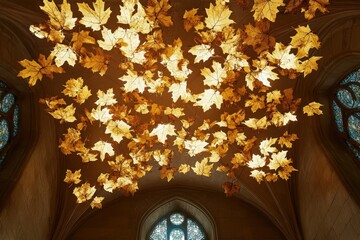 Illuminated Autumn Leaves Suspended From A Vaulted Ceiling