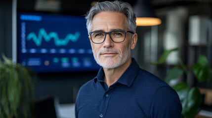 Professional man with glasses in modern office setting, looking confident and engaged. Background features data analytics display, emphasizing business environment