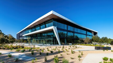 Modern geometric office building under a clear sky, showcasing innovative design and urban progress