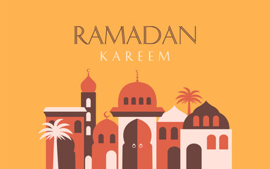Ramadan Kareem, Eid Mubarak islamic holiday greeting card, poster design modern style with pastel colors. Graphic print vector illustration