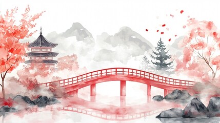 Japanese Garden Watercolor Paintings - Scenery and Landscapes