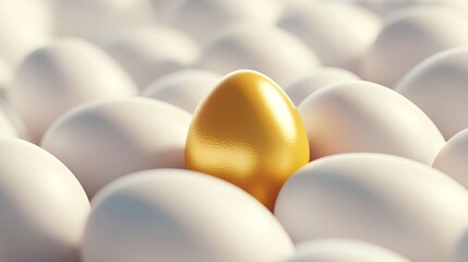 A Unique Yellow Egg Among a Large Pile of White Eggs in Focus