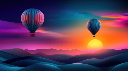 Obraz premium Colorful hot air balloons at sunset over mountains.
