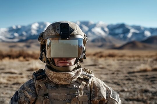 A futuristic hunter clad in a high-tech suit, scanning the terrain with a holographic scope in a cyberpunk wilderness
