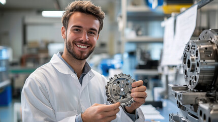 Portrait of a smiling professional mechanical engineer, man, Smiling engineer holding mechanical part in workshop