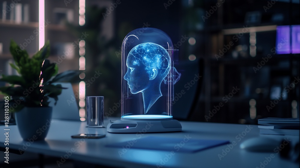 Poster a futuristic ai agent displayed as a glowing humanoid hologram in an office, analyzing real-time bus