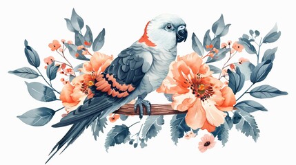 Elegant Watercolor Parrot with Vibrant Flowers