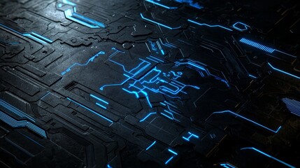 Abstract background in black with neon blue streaks and glittering star effects giving a futuristic and high-tech appearance