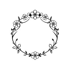 Floral Wreath: Minimalist black-and-white illustration with a circle of flowers, leaves, and vines.