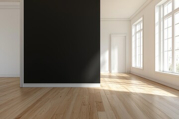 Obraz premium 3D RenderingA modern office waiting area featuring dark walls, light flooring, and a clean, minimalist furniture style