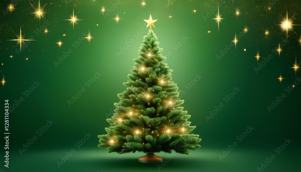 Poster christmas tree and stars on a green background with copy space.