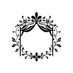 Floral Arched Frame Design: Black-and-White Silhouette with Foliage and Flowers
