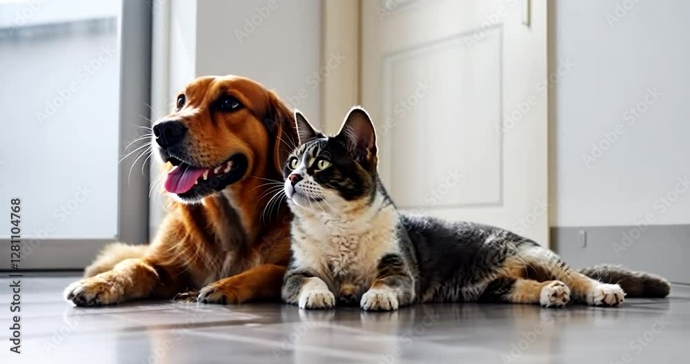 Poster golden retriever dog and tabby cat relaxing on floor with natural lighting