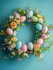 The image depicts a colorful Easter wreath with pink and yellow flowers, adorned with small blue and white eggs. The wreath is hanging on a light green wall.