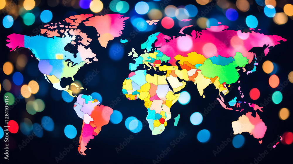 Poster global map with colorful bokeh background visual representation modern design abstract art creative 