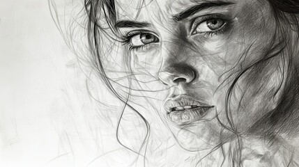 Fototapeta premium Intricate Pencil Sketch of a Young Woman with Expressive Features and Flowing Hair