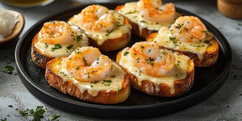 A plate of fried breadsticks topped with cheese and shrimp, perfect for a delicious appetizer or snack.