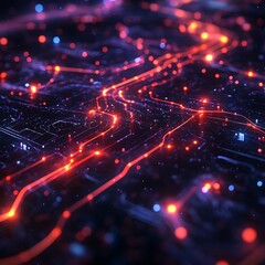 Obraz premium A circuit board displays glowing red and blue lights and pathways vividly