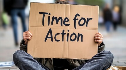 Person Holding Cardboard Sign with Text in City Street Setting