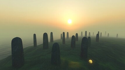 Ancient stone circle at dawn mystifying foggy landscape composition