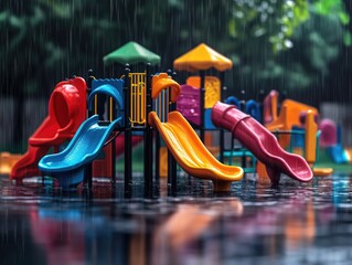 A children's outdoor play area in a rainy day. Brightly colored slides and climbing structures with water beading on the surfaces.