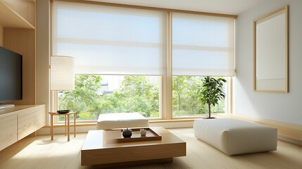 Fototapeta premium minimalist living room interior, design, living, room, patterns Modern living room with large windows and greenery