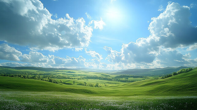 A vast open landscape with rolling green fields serene