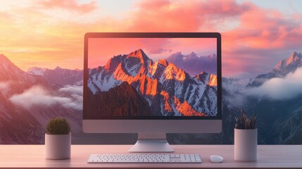 Fototapeta premium A computer monitor is positioned on a desk, showcasing a stunning mountain view in the background, blending technology with nature's beauty.