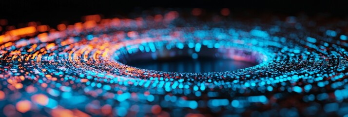 The background is covered by a round disk shape formed from blue speed lights in a space digital tech setting