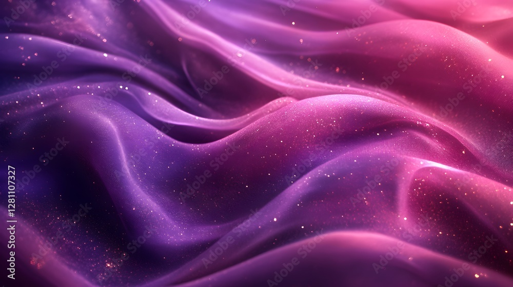 Poster close-up shot of a luxurious, glittering fabric with soft waves and a gradient of purple and pink co
