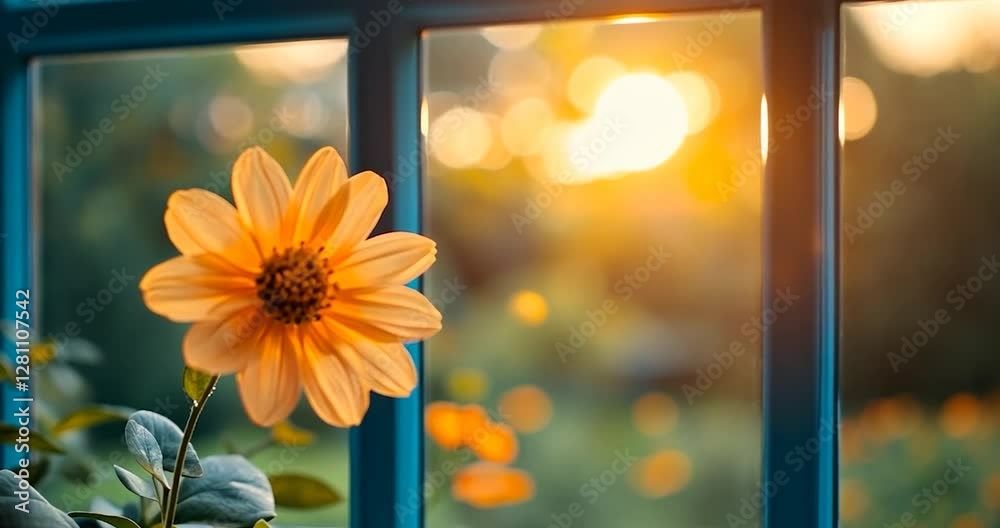 Aufkleber flower near a window with blurred background of orange tones and a bokeh effect