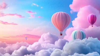 Fototapeta premium Colorful hot air balloons in dreamy clouds.