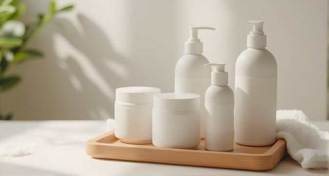 White Cosmetic Bottles and Jars on Wooden Tray