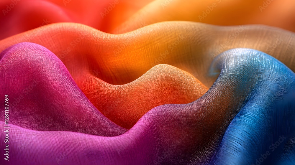 Poster Close-up shot of colorful fabric with a rainbow gradient. Smooth waves and rich textures. Silk texture. Vibrant Rainbow Fabric Texture: A Symphony of Colors