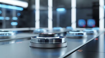 A futuristic command center where an AI-driven robotic process automation system is represented through AR holograms, seamlessly transferring and analyzing financial data across multiple applications.