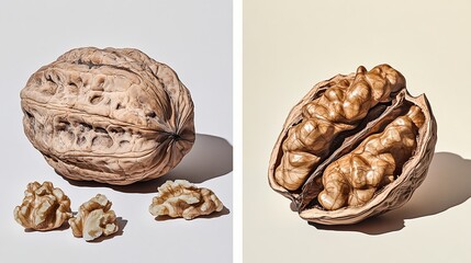 Fototapeta premium Closed Walnuts with One Open Walnut Against White Background
